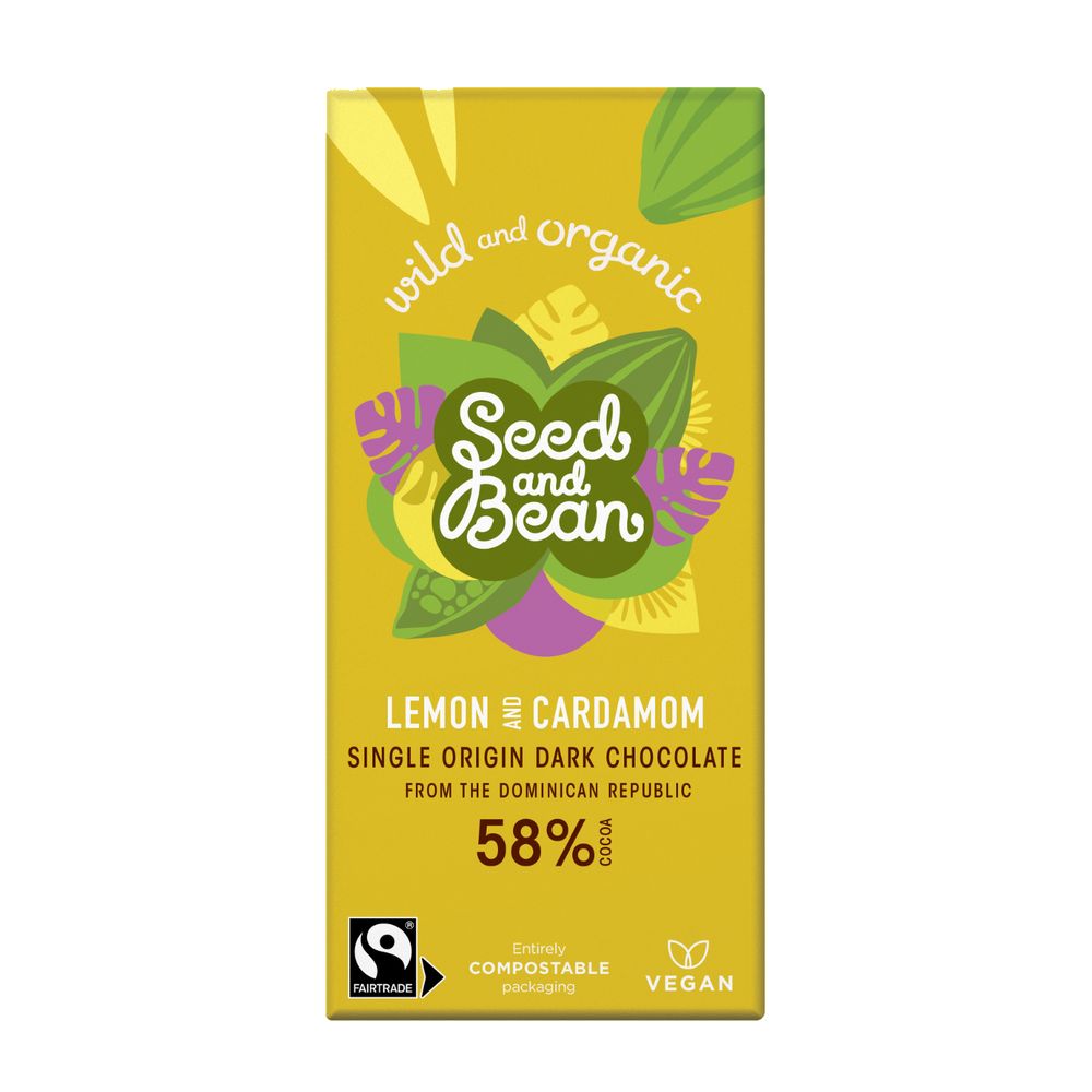 Seed and Bean lemon and cardamom dark chocolate packaging on a white background