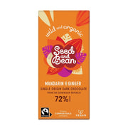 Seed and Bean Mandarin and Ginger dark chocolate packaging on a white background