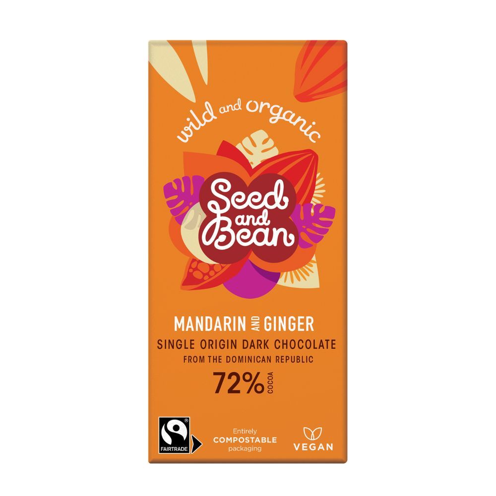 Seed and Bean Mandarin and Ginger dark chocolate packaging on a white background