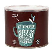Clipper medium roast organic Arabica coffee canister on a white background