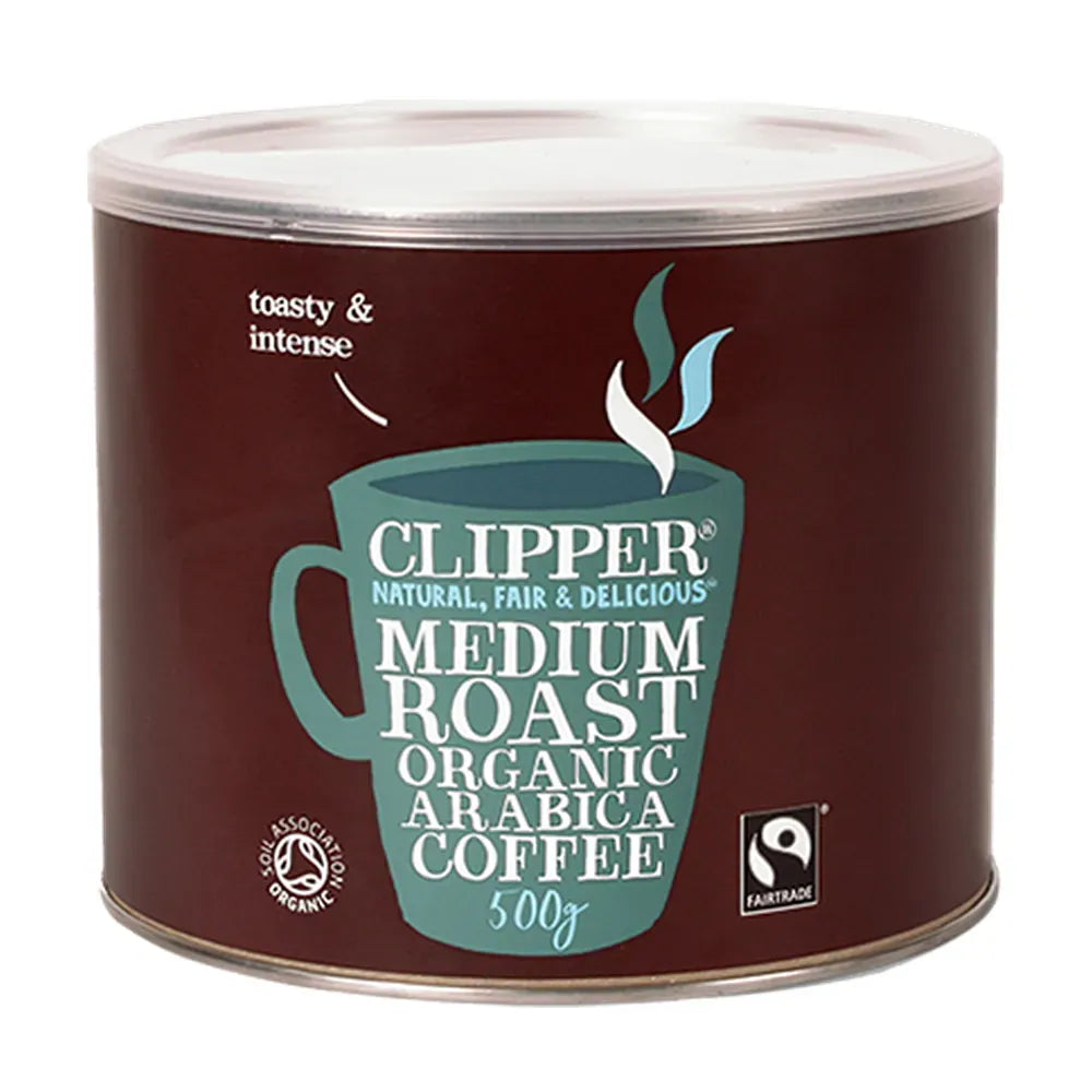 Clipper medium roast organic Arabica coffee canister on a white background