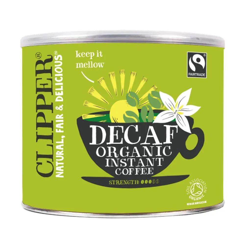 Clipper Decaf Organic Instant Coffee can on a white background