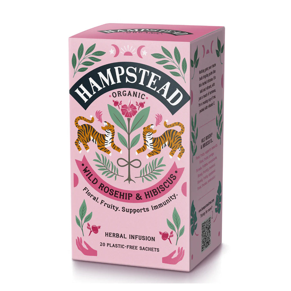 Pink box of Hampstead Organic Wild Rosehip & Hibiscus herbal infusion with tiger illustrations on a white background.