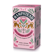 Pink box of Hampstead Organic Wild Rosehip & Hibiscus herbal infusion with tiger illustrations on a white background.