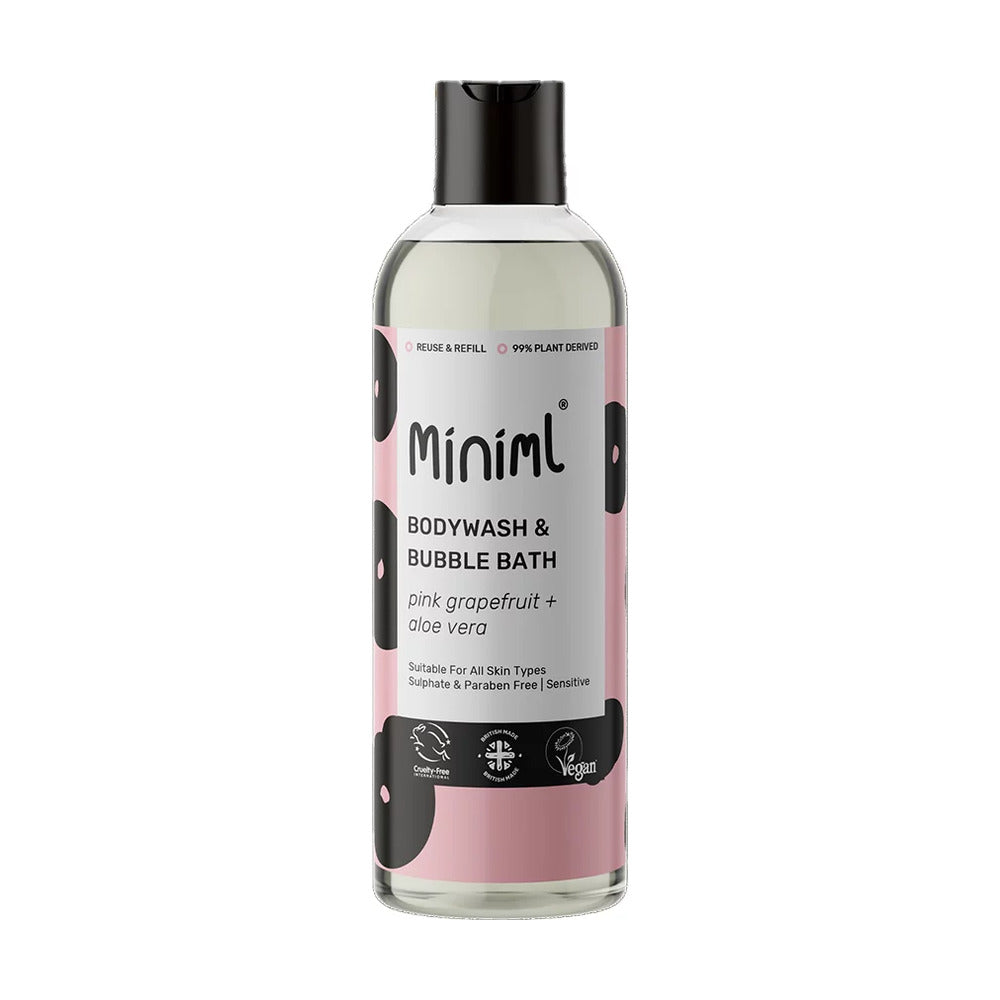 Bottle of Miniml bodywash and bubble bath with pink grapefruit and aloe vera on a white background