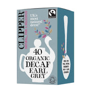 Clipper Organic Decaf Earl Grey tea box with teapot and spoon illustration on a blue background