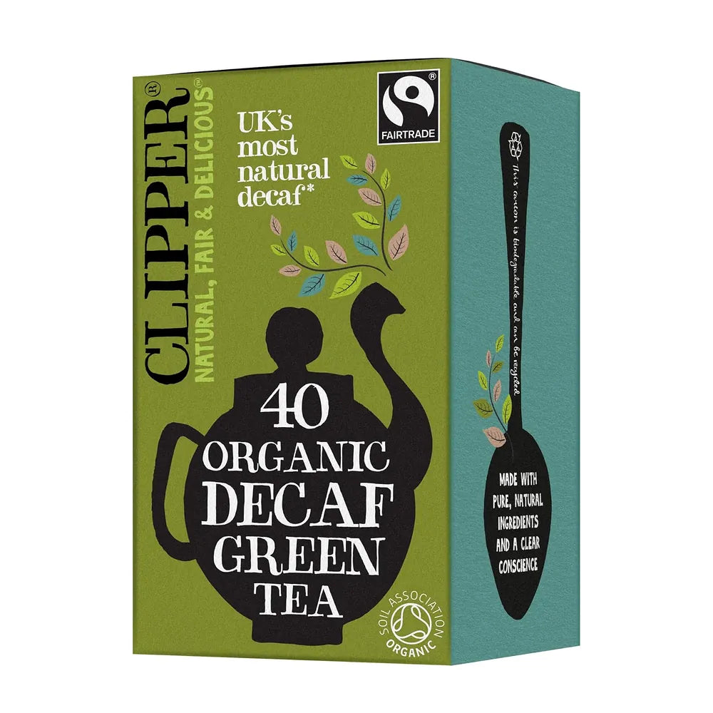 Clipper organic decaf green tea box on a white background