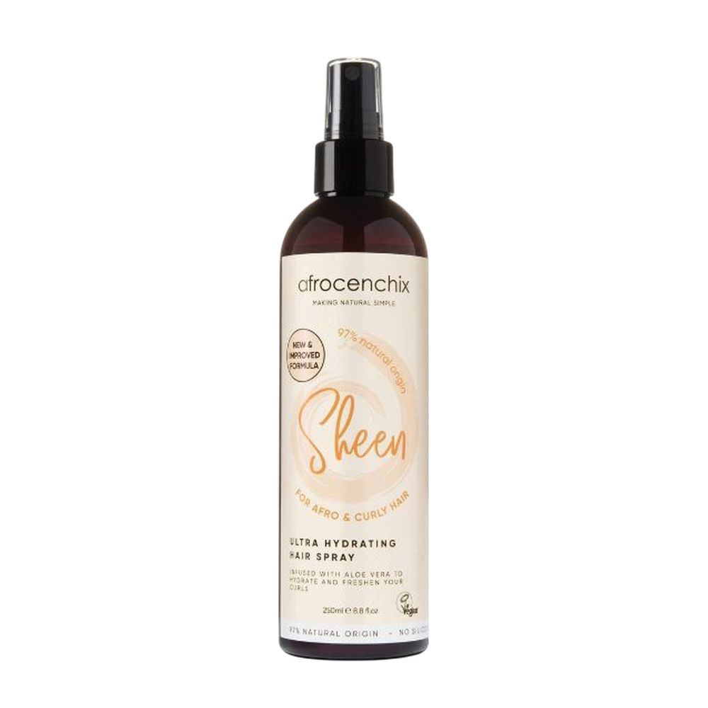 afrocenchix Sheen ultra hydrating hair spray bottle on a white background