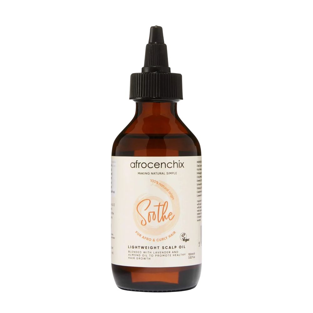 Brown bottle of afrocenchix Soothe Scalp Oil on a white background