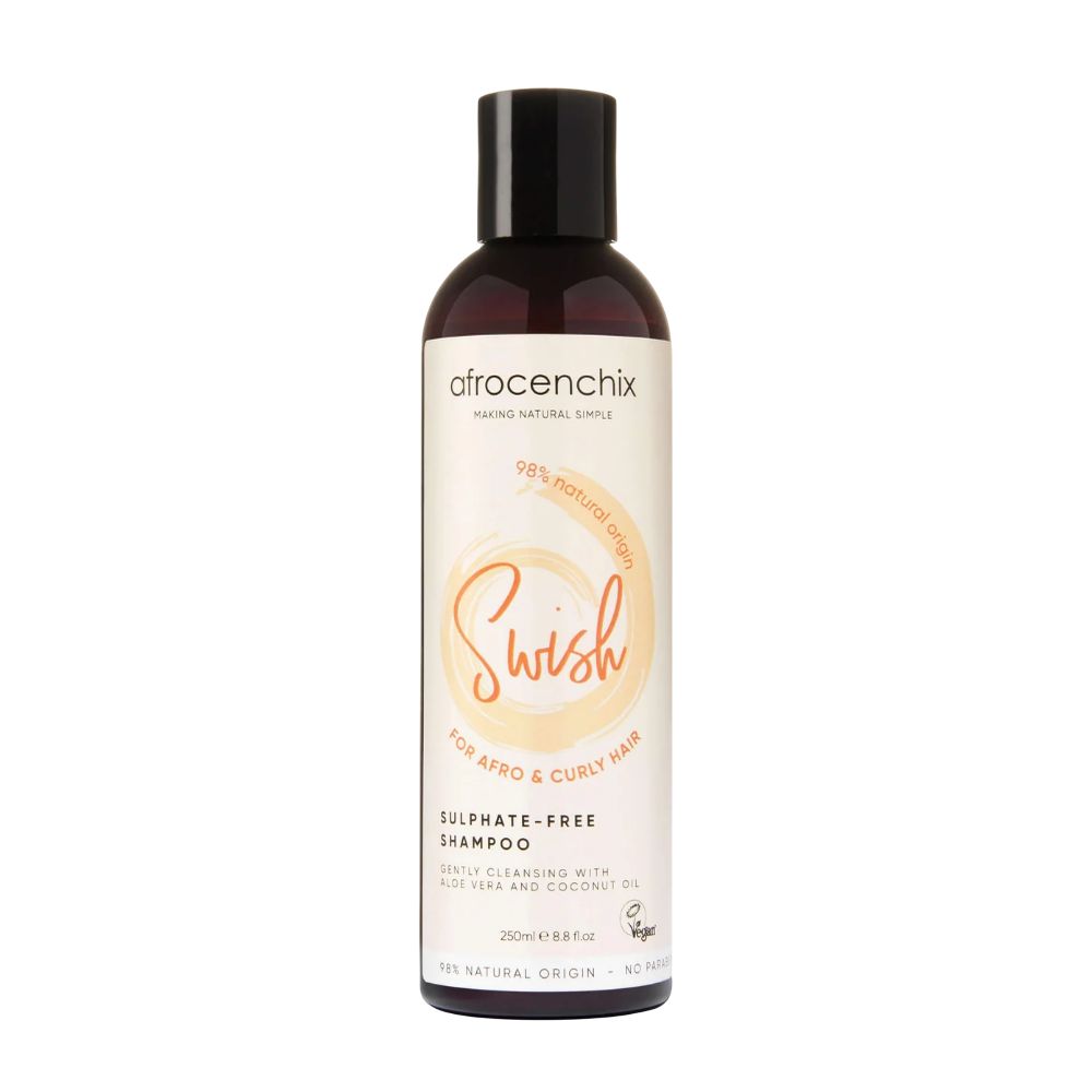 Shampoo bottle labeled 'afrocentchix Swish' on a white background