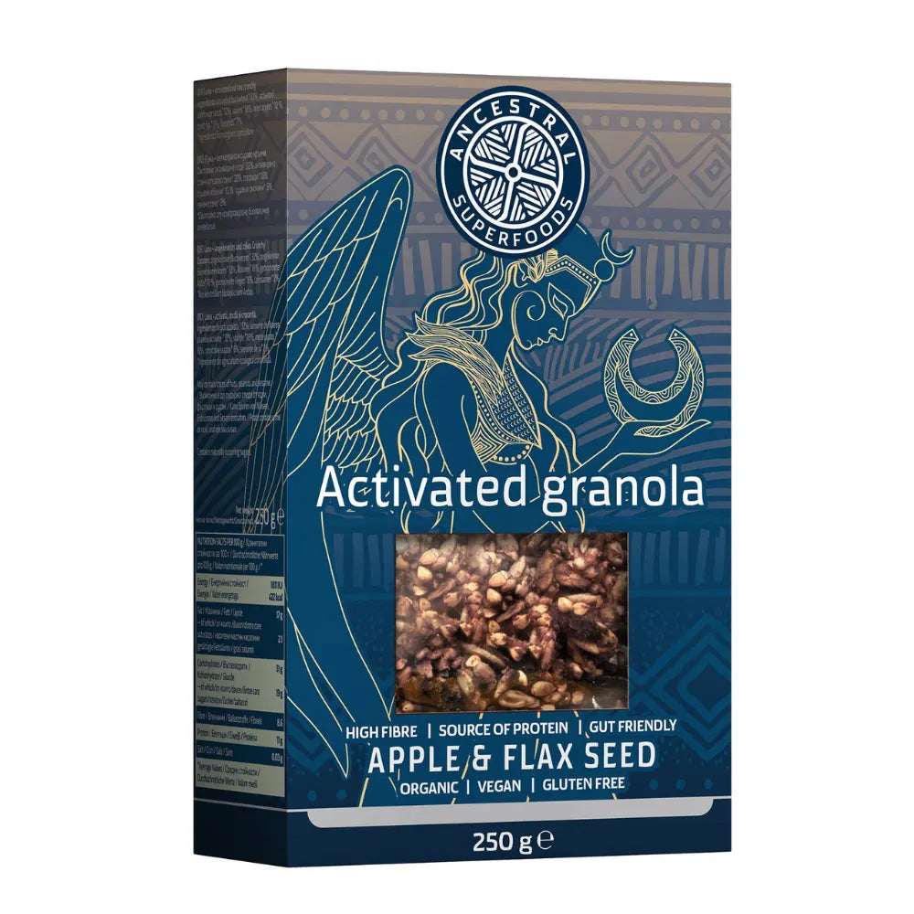 Box of Ancestral Superfoods Activated granola with apple and flax seed flavor on a white background