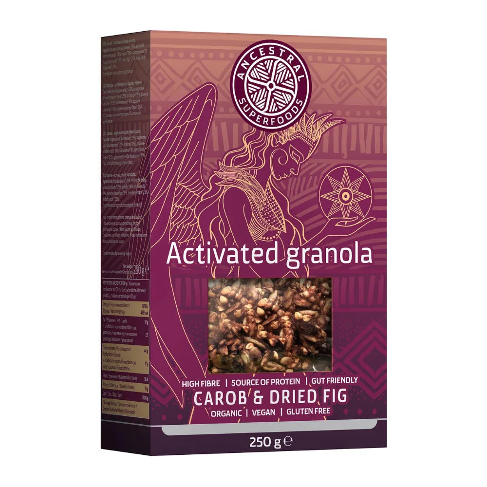 Box of Ancestral Superfoods Activated granola with carob and dried fig flavor on a white background.