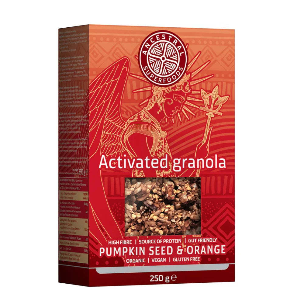 Box of Activated Granola with pumpkin seeds and orange flavor on a white background
