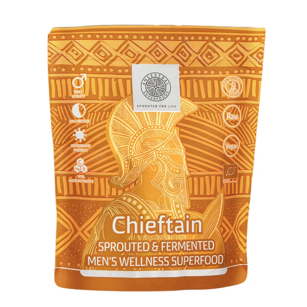 Package of Chieftain sprouted and fermented men's wellness superfood with geometric patterns and warrior design.