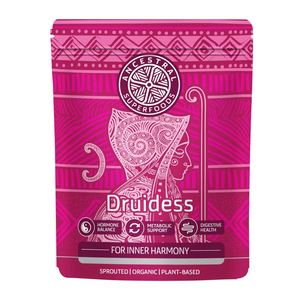 Pink package of Ancestral Superfoods Druidess with decorative design and text.