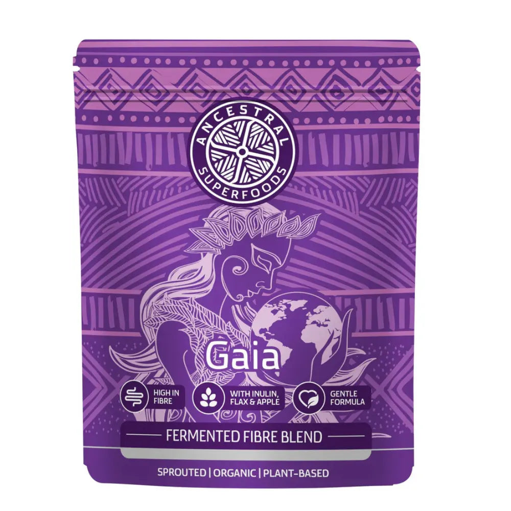 Purple packaging of Gaia fermented fiber blend with Ancestral Superfoods branding.