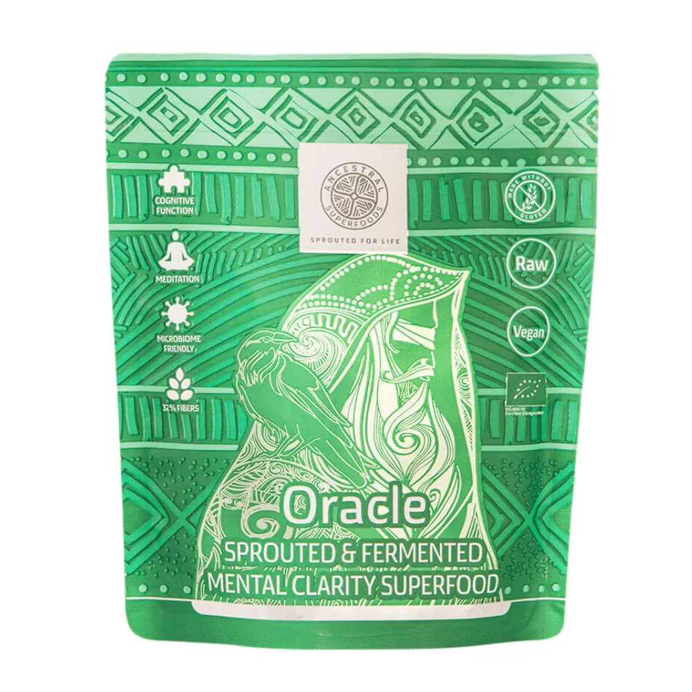 Green package of 'Oracle' sprouted and fermented superfood with rabbit illustration on a white background