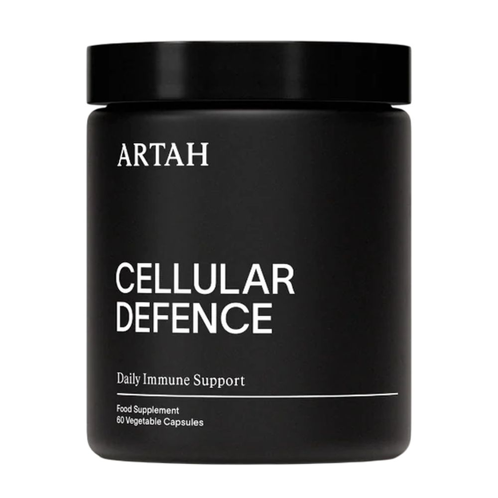 Black container of ARTAH Cellular Defence supplement on a white background