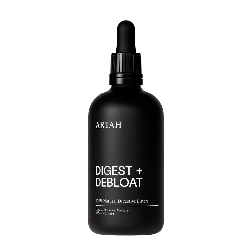 Black bottle of ARTAH Digest + Deboloat on a white background