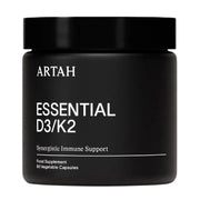 Black container of ARTAH Essential D3/K2 supplement on a white background