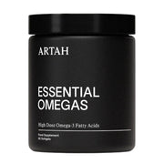 Black container of ARTAH Essential Omegas supplement on a white background