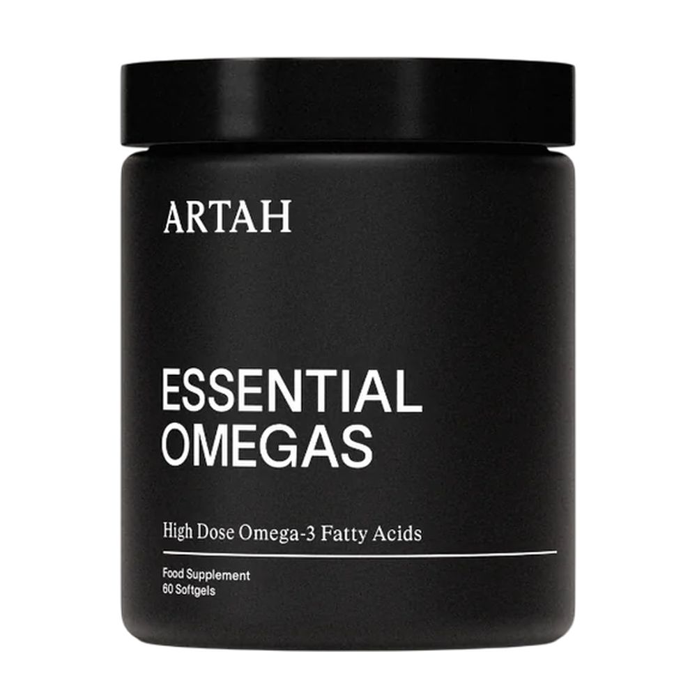 Black container of ARTAH Essential Omegas supplement on a white background