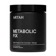 Black container of ARTAH Metabolic Fix supplement on a white background