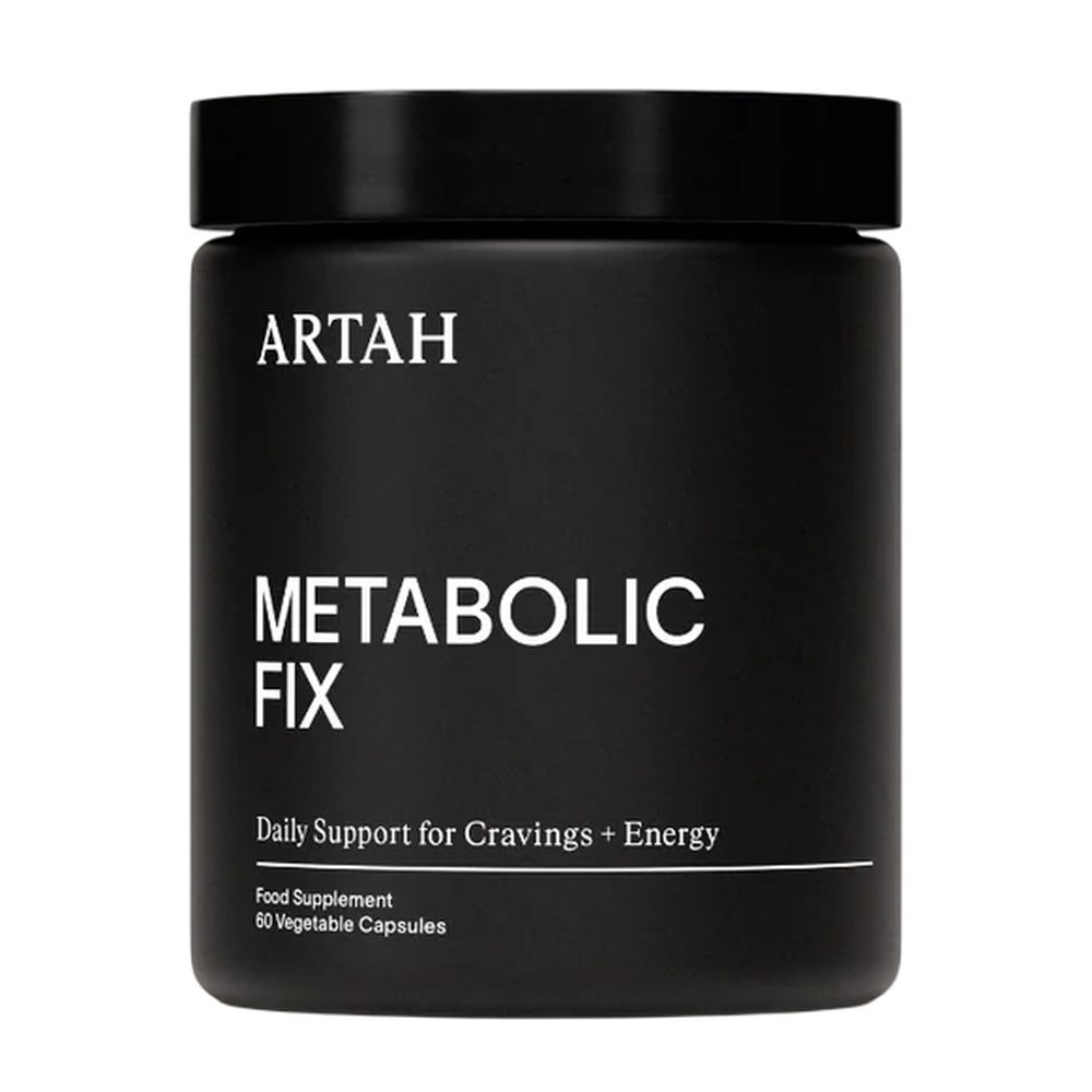 Black container of ARTAH Metabolic Fix supplement on a white background