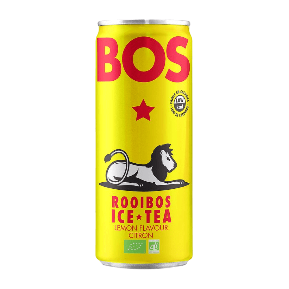 Yellow can of BOS Rooibos Ice Tea with red text and a lion logo on a white background