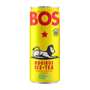 Yellow can of BOS Rooibos Ice Tea with red text and a lion logo on a white background