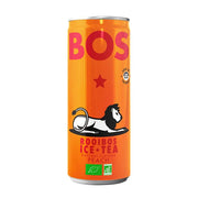 Orange can of BOS Rooibos Ice Tea with a lion graphic on a white background