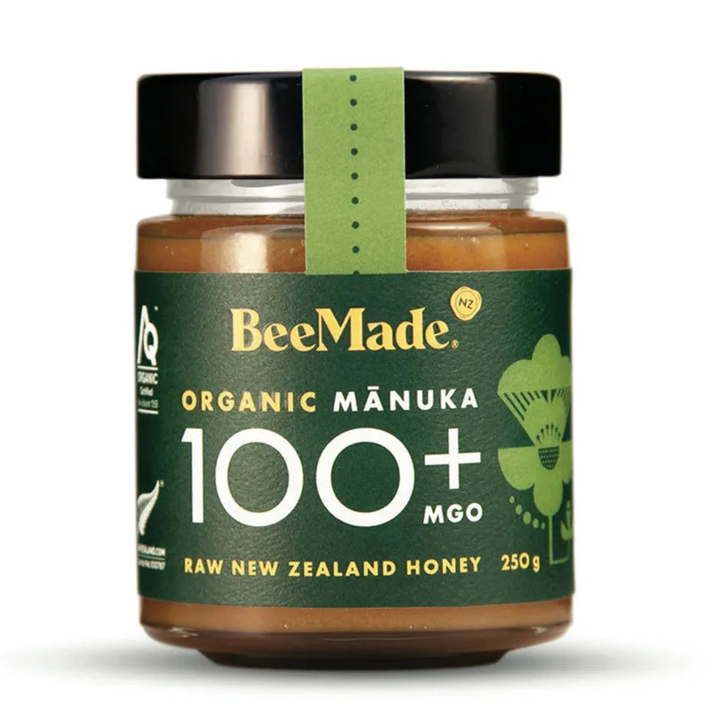 BeeMade Organic Manuka 100+ MGO honey jar on a white background