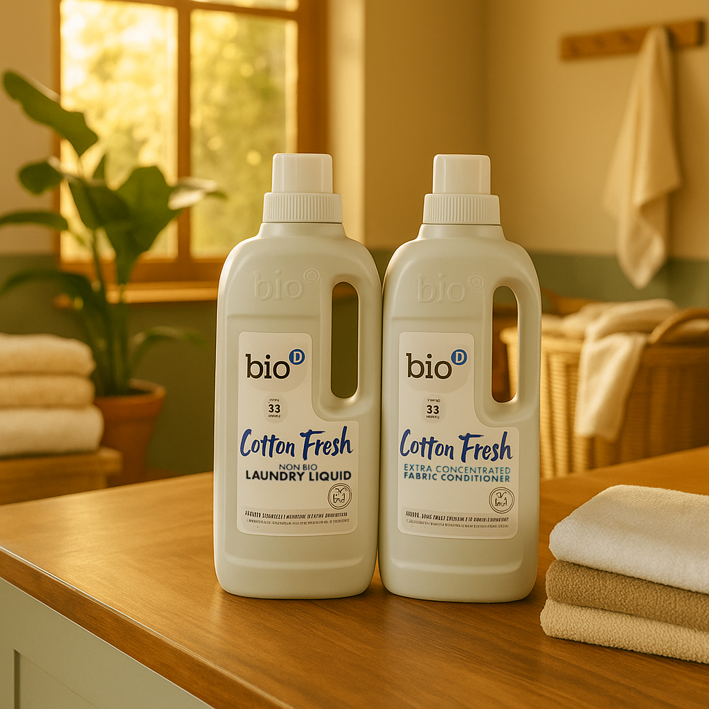Two bottles of bio-d laundry products on a wooden surface with a homey background.