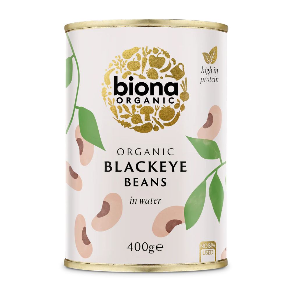 Can of biona Organic Blackeye Beans on a white background