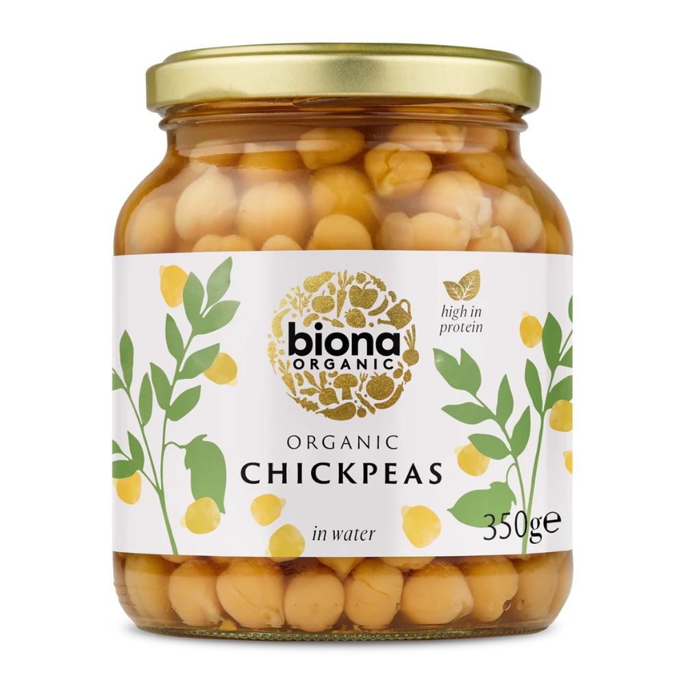 Jar of organic chickpeas with Biona Organic label on a white background