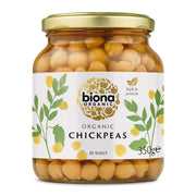 Jar of organic chickpeas with Biona Organic label on a white background