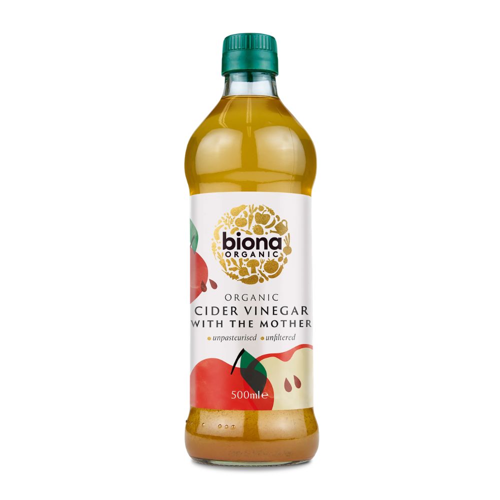 Biona Organic cider vinegar bottle on a white background