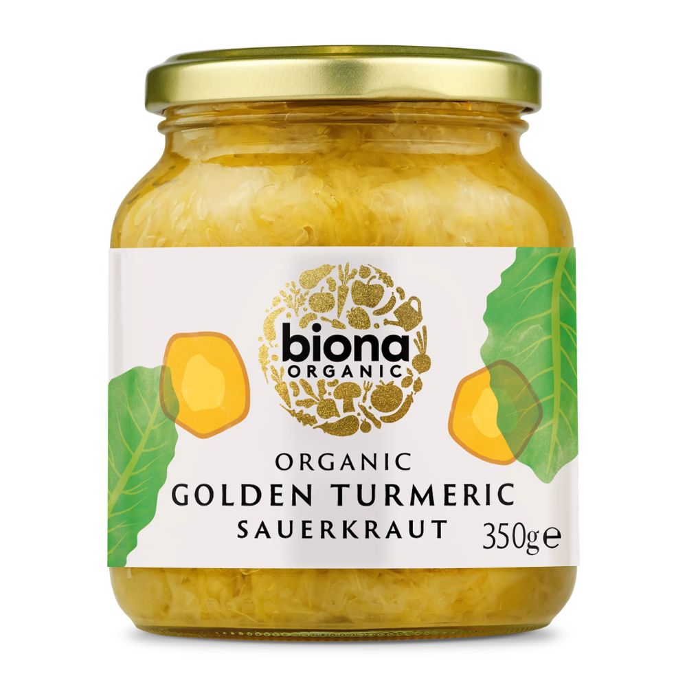 Jar of biona Organic Golden Turmeric Sauerkraut on a white background