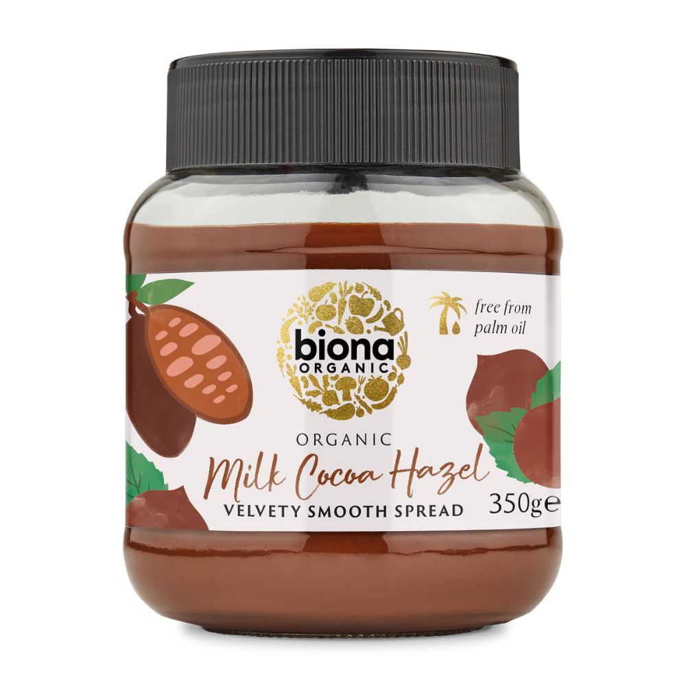 Jar of biona Organic Milk Cocoa Hazelnut Spread on a white background