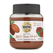Jar of biona Organic Milk Cocoa Hazelnut Spread on a white background