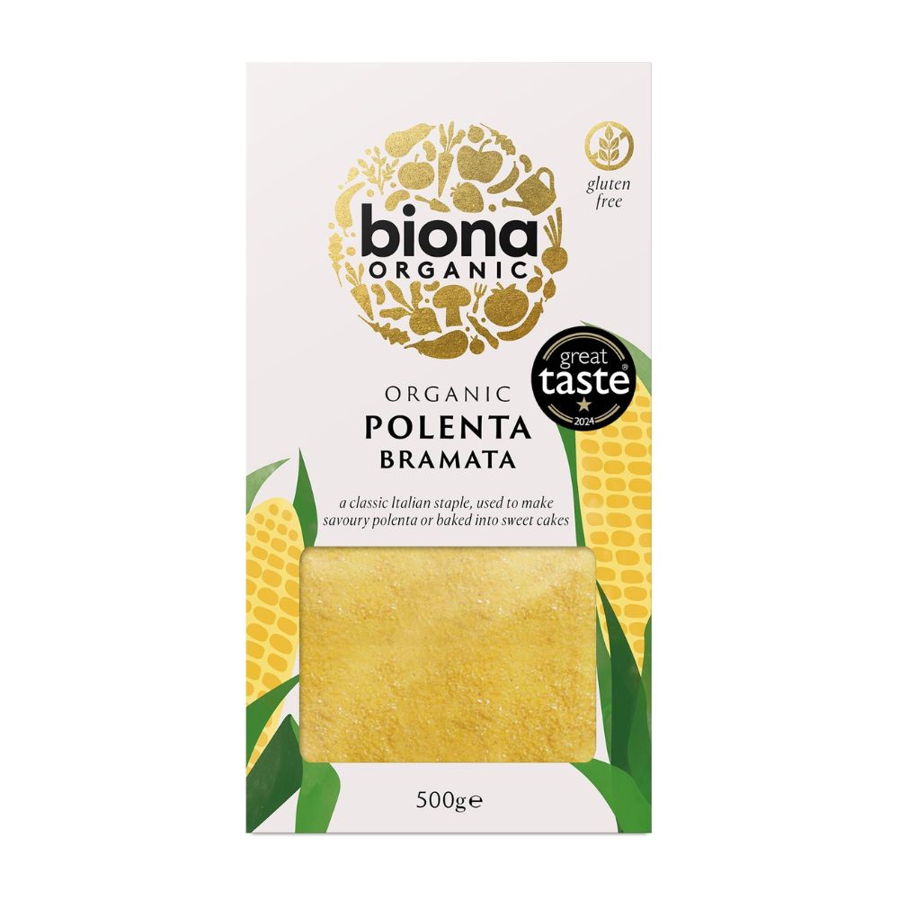 Box of biona Organic Polenta Bramata with a white background