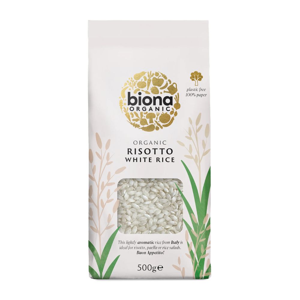 Biona Organic Risotto White Rice packaging on a white background