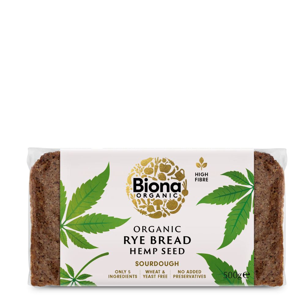 Biona Organic Rye Bread with Hemp Seed packaging on a white background