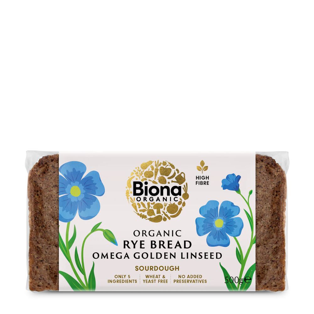 Biona Organic Rye Bread package with blue flowers on a white background