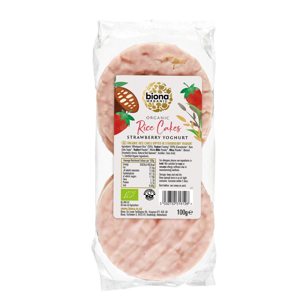 Pack of biona Organic Strawberry Yoghurt Rice Cakes on a white background