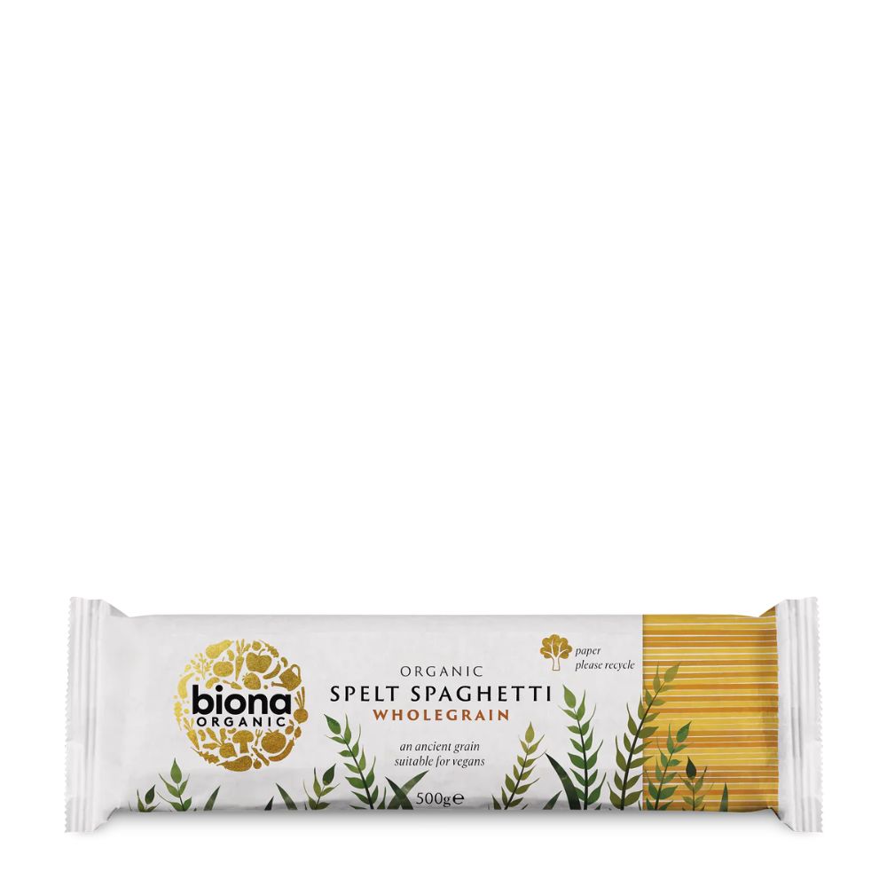 Biona organic spelt spaghetti wholegrain packaging on a white background