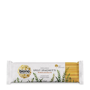 Biona organic spelt spaghetti wholegrain packaging on a white background