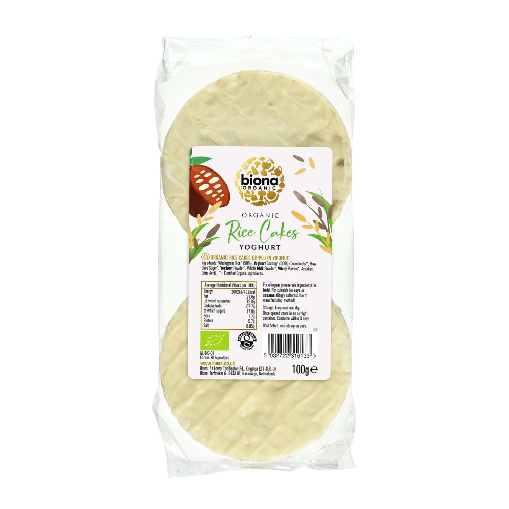 Packaged rice cakes with a Biona Organic label on a white background