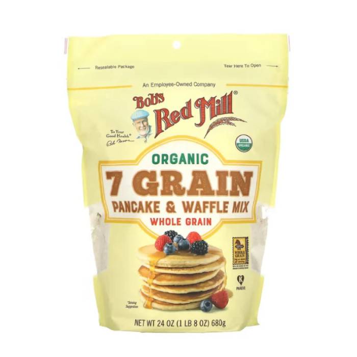 Package of Bob's Red Mill Organic 7 Grain Pancake & Waffle Mix featuring a stack of pancakes with berries on top, and the Bob's Red Mill logo.
