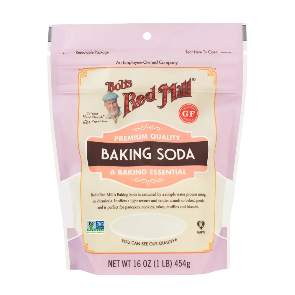 Bag of Bob's Red Mill baking soda on a white background